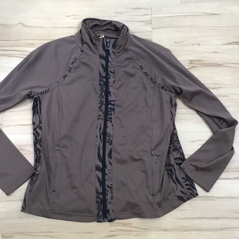 Brown Leopard Print Trimmed Full-Zip Jacket  Animal Print Accents Bling Zipper‎